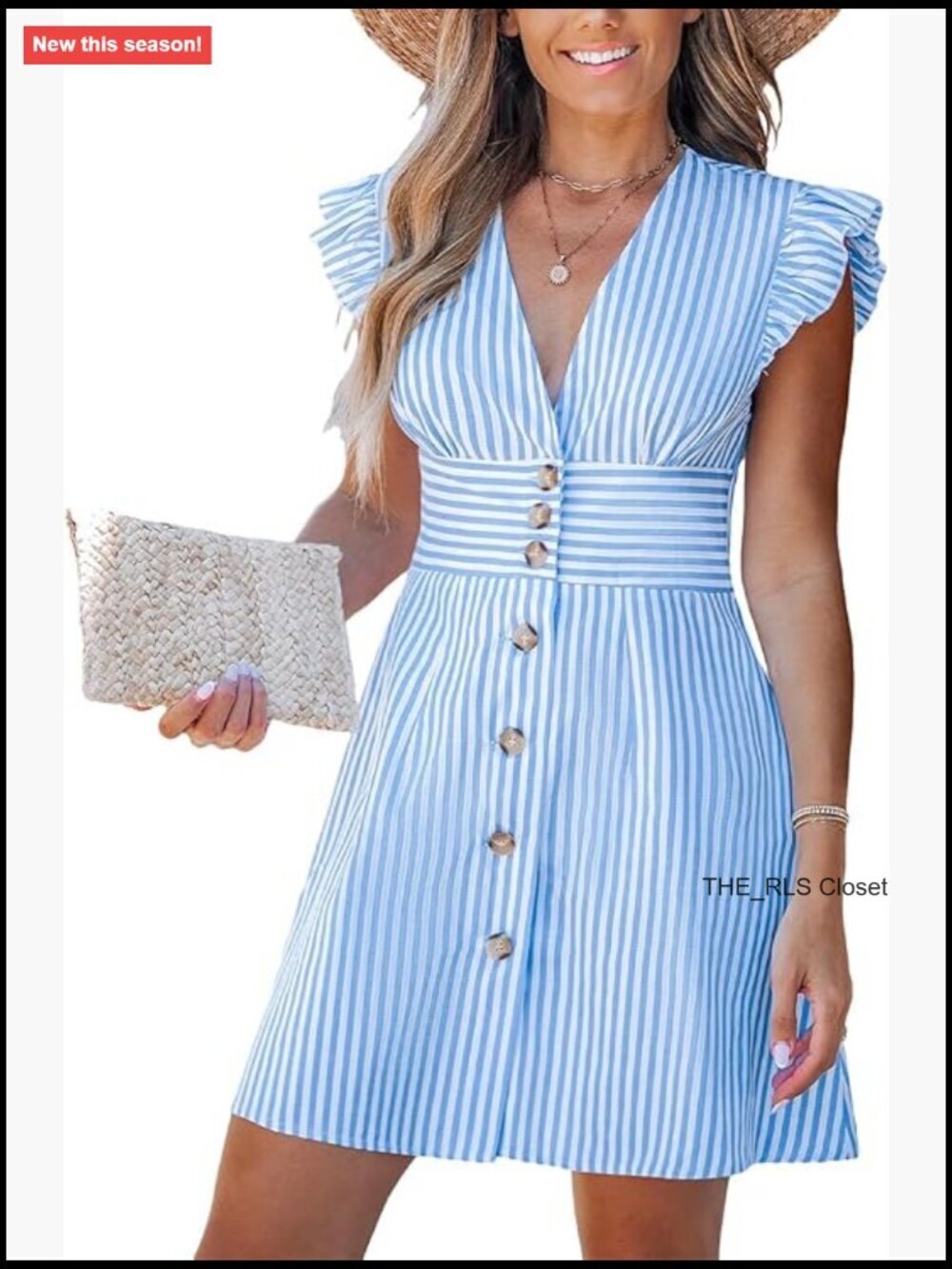 Striped Summer Dress V Neck Casual Mini Flutter Sleeve Ruffle Button Sundress